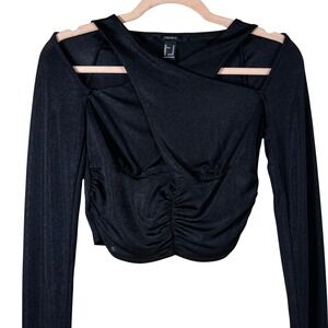 Forever 21 Womens Black Crossover Cold Shoulder Ruched Crop‎ Top M Gothic Edgy